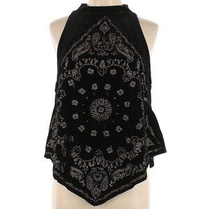 Free People Black Velvet Embroidered Bandana Sleeveless Halter Blouse - size L